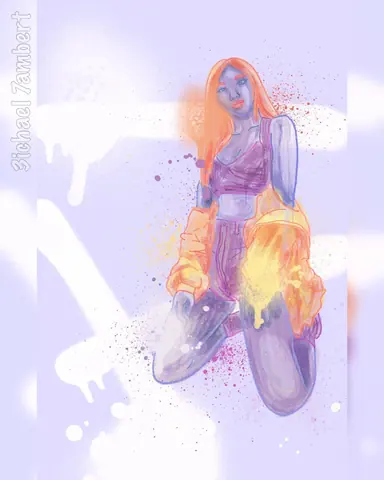 Seated illustrated figure in warm colors layered over pale lavender shapes