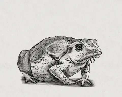 Detailed black and white drawing of a crouching toad
