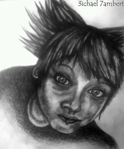 Expressive graphite portrait with dark swept hair and carefully shaded eyes