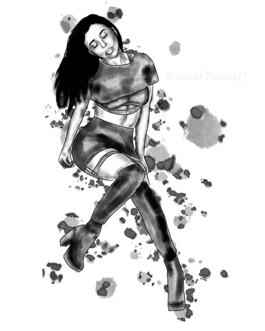 Black and white illustrated female figure surrounded by expressive ink marks