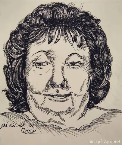 An ink portrait built from dense curling lines on warm paper