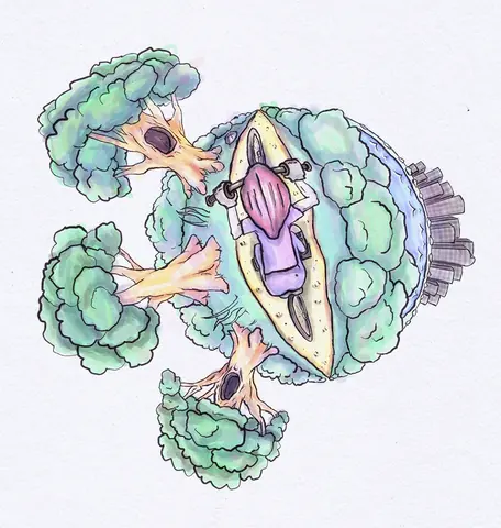 A small illustrated world of rounded forms, plants and flowing organic shapes