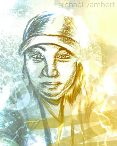 Multicolored portrait with a cap, sketched outlines and pale blue and gold washes