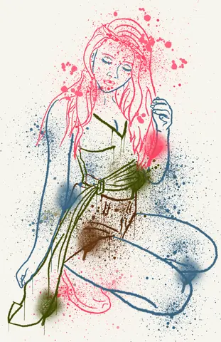 An abstract figure in red light with looping trails against black