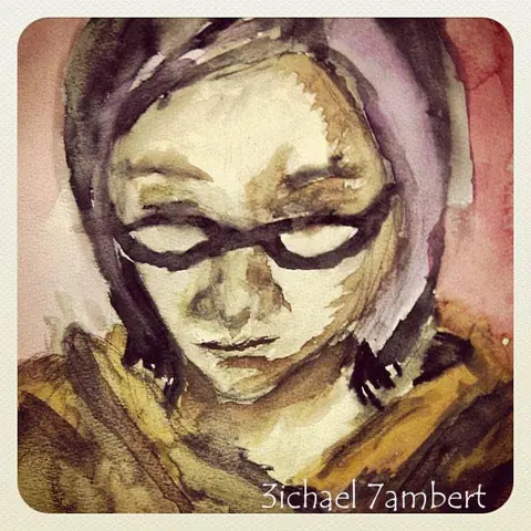 Expressive painted portrait of a person wearing glasses and a hood