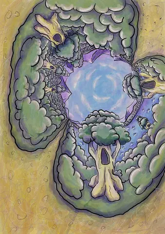An intricate organic illustration with watery blue and green forms